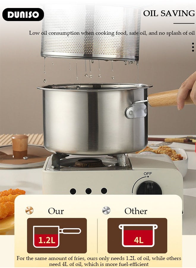Deep Fryer Pot with Fry Basket, Stainless Steel Oil Strainer Pot, Food Cooking Pot With Lid, Deep Fry Pan with Easy Grip Handle for Home Use, Stovetop Fryer with Basket for French Fries, Chicken Wings