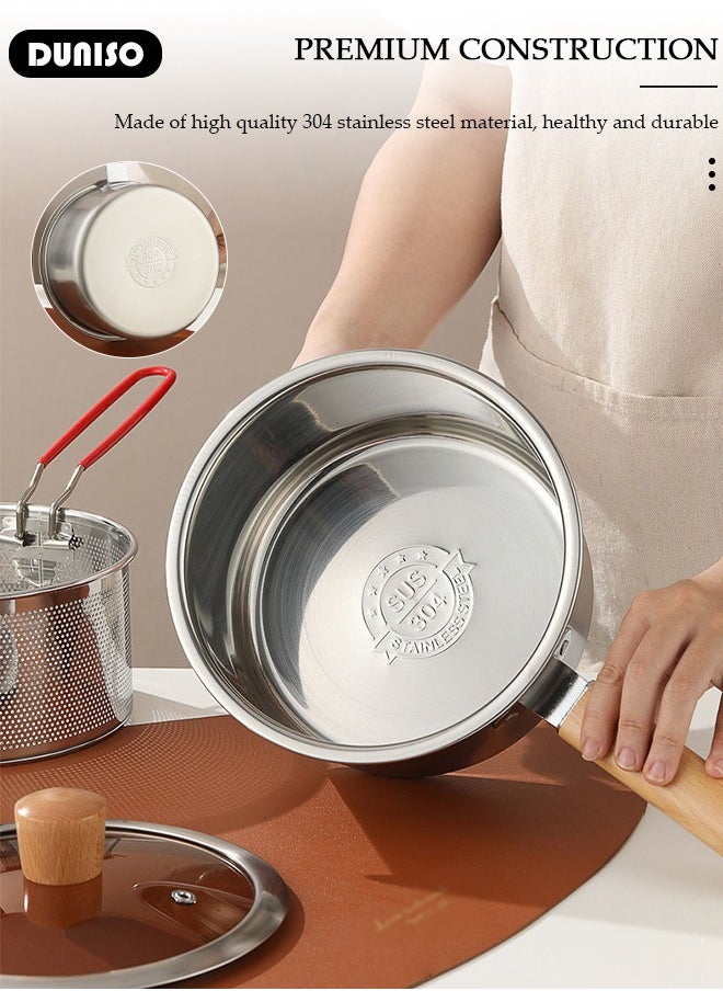 Deep Fryer Pot with Fry Basket, Stainless Steel Oil Strainer Pot, Food Cooking Pot With Lid, Deep Fry Pan with Easy Grip Handle for Home Use, Stovetop Fryer with Basket for French Fries, Chicken Wings