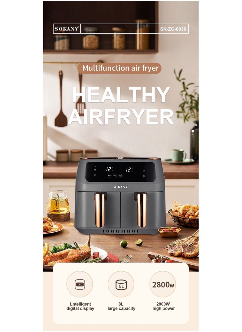 Digital Dual Zone Air Fryer 2800W 4L+4L Capacity With Rapid Hot Air Circulation For Frying, Grilling, Broiling, Roasting, and Baking SK-ZG-8030