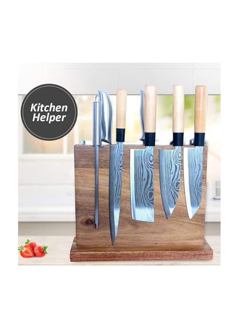 Magnetic Knife Block Holder Universal, Double Sides Storage Wood Knife Rack Stand, Kitchen Organizer, Without Knives