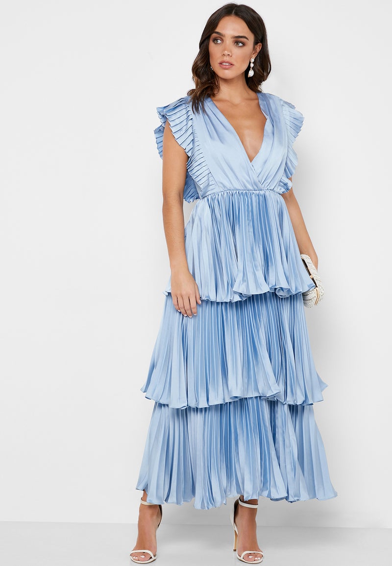 Plunge Tiered Dress Blue