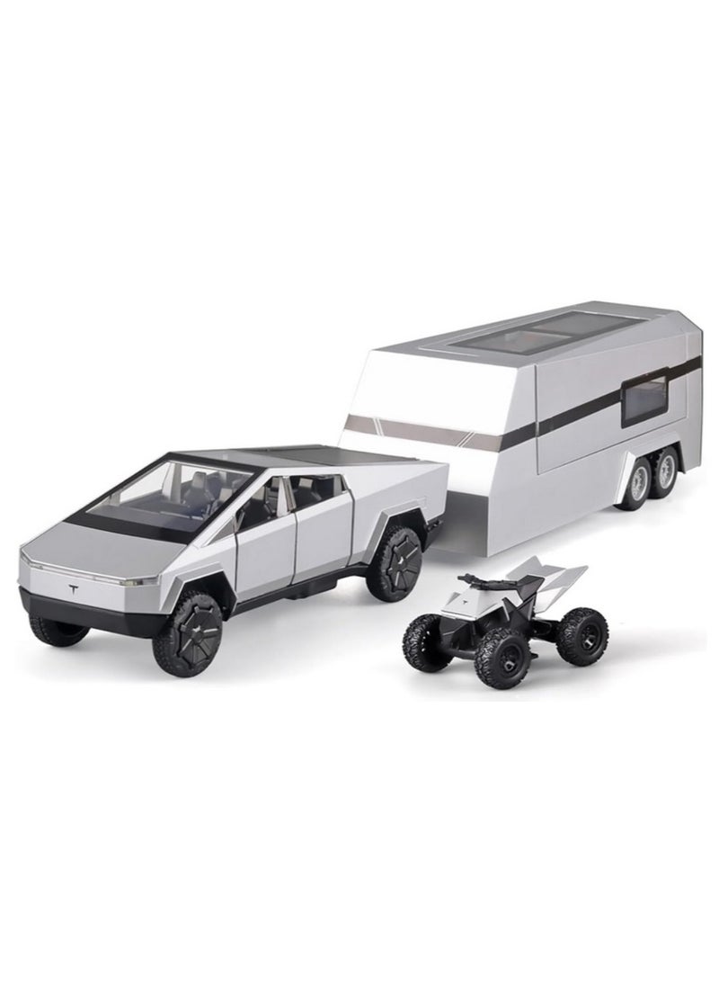 1:32 Tesla Cyber truck Pickup with Trailer Alloy Diecast Model, Off-Road Vehicle with Sound and Light