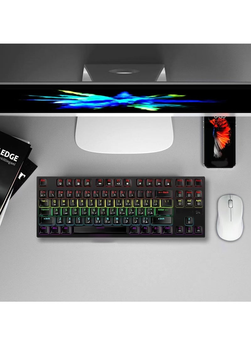 English Arabic Mechanical Gaming Keyboard with RGB LED Rainbow Backlit, Quick Response USB Wired Waterproof 87 Keys Keyboard for Windows/MacOS/Android PC Gamers - Black /Blue Switch