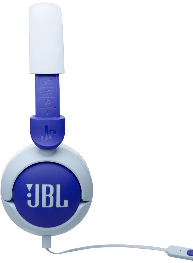 Jr 320 Kids Wired On-Ear Headphones, Safe Sound (<85dB), Built-In Mic, Sof Padded Headband, Comfortable Ear Cushion, Compact and Foldable Design, Single-Side Flat Cable - JBLJR320BLU Blue