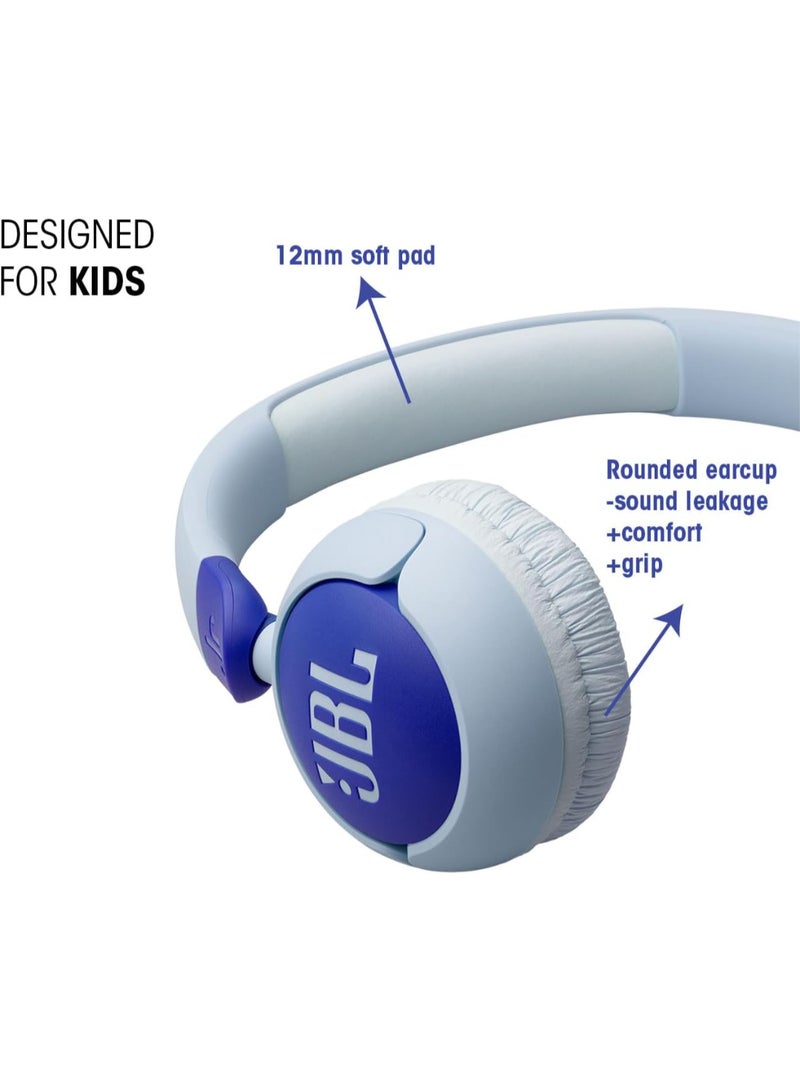 Jr 320 Kids Wired On-Ear Headphones, Safe Sound (<85dB), Built-In Mic, Sof Padded Headband, Comfortable Ear Cushion, Compact and Foldable Design, Single-Side Flat Cable - JBLJR320BLU Blue