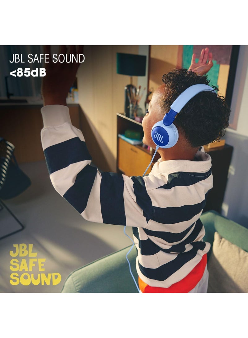 Jr 320 Kids Wired On-Ear Headphones, Safe Sound (<85dB), Built-In Mic, Sof Padded Headband, Comfortable Ear Cushion, Compact and Foldable Design, Single-Side Flat Cable - JBLJR320BLU Blue