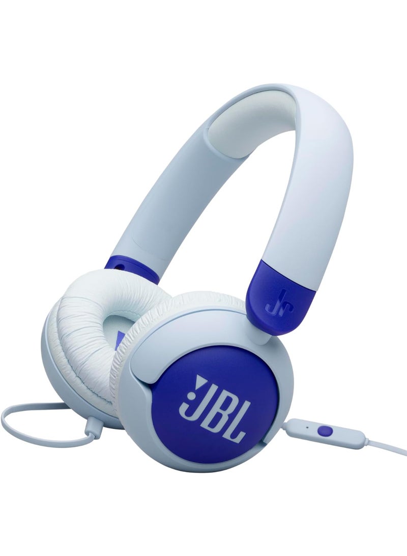 Jr 320 Kids Wired On-Ear Headphones, Safe Sound (<85dB), Built-In Mic, Sof Padded Headband, Comfortable Ear Cushion, Compact and Foldable Design, Single-Side Flat Cable - JBLJR320BLU Blue