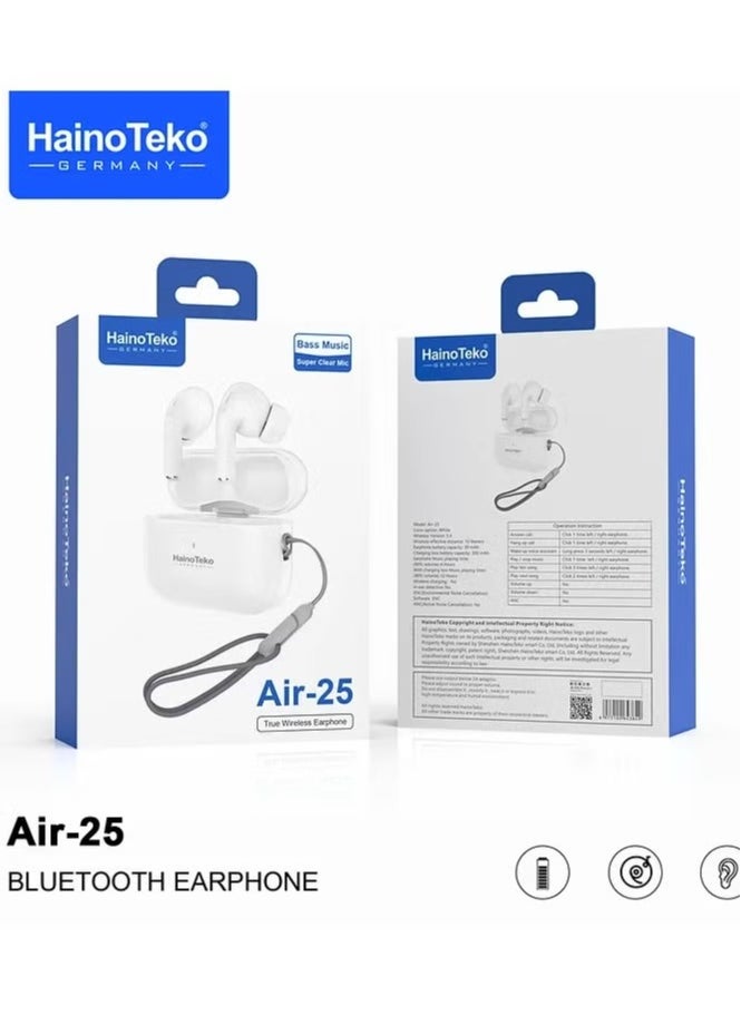 Wireless AIR-25 In-Ear Bluetooth Earphones with Free Cover & Hook – Original Quality, Comfortable Fit, and Superior Sound – Compatible with iOS & Android Devices – White, Perfect for Sports, Music, and Calls