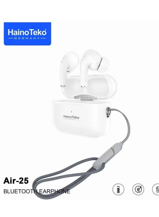 Wireless AIR-25 In-Ear Bluetooth Earphones with Free Cover & Hook – Original Quality, Comfortable Fit, and Superior Sound – Compatible with iOS & Android Devices – White, Perfect for Sports, Music, and Calls