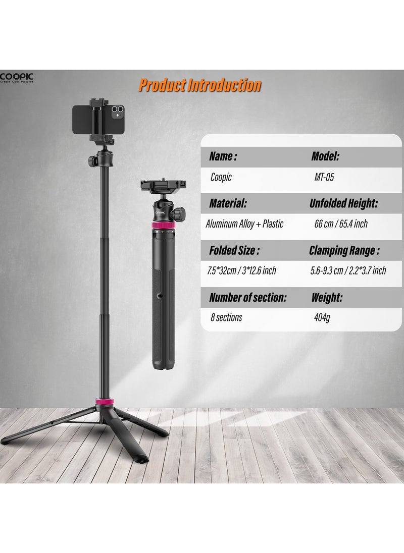 COOPIC MT-05 Extendable Mini Vlog Tripod Flexible Portable Selfie Stick with 360° Rotatable Ball Head and Remote, Compatible with Smartphone and Action Cameras