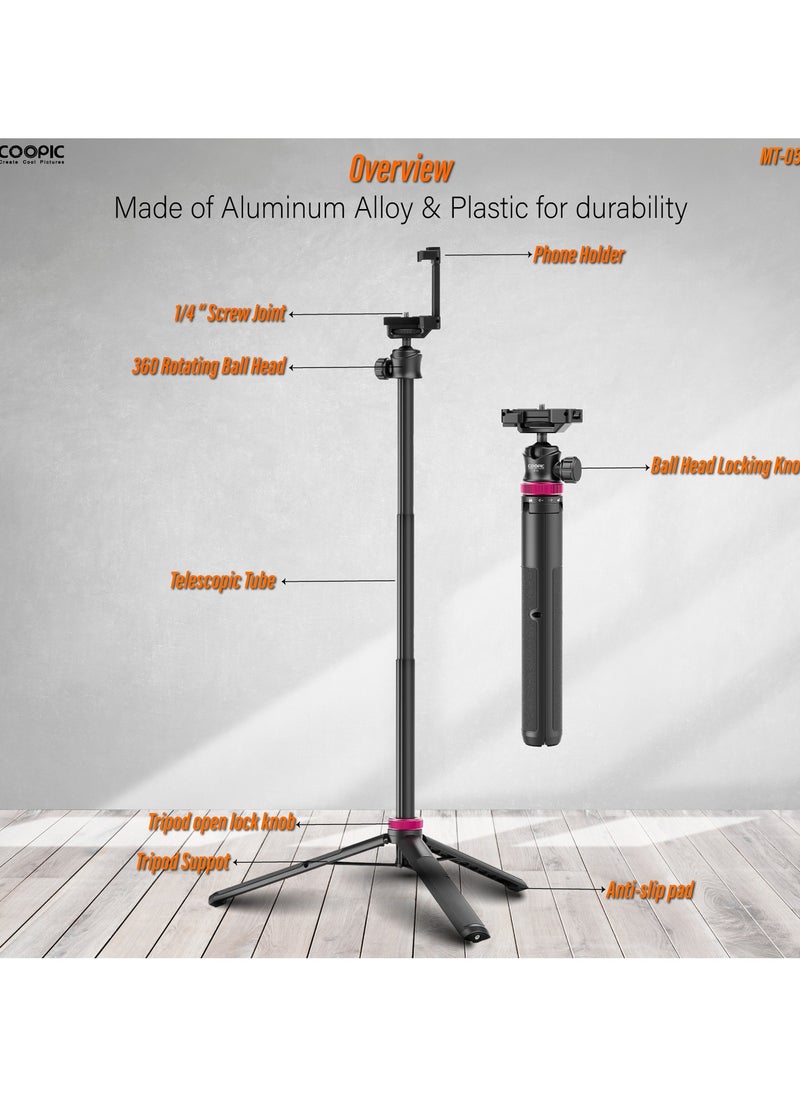 COOPIC MT-05 Extendable Mini Vlog Tripod Flexible Portable Selfie Stick with 360° Rotatable Ball Head and Remote, Compatible with Smartphone and Action Cameras