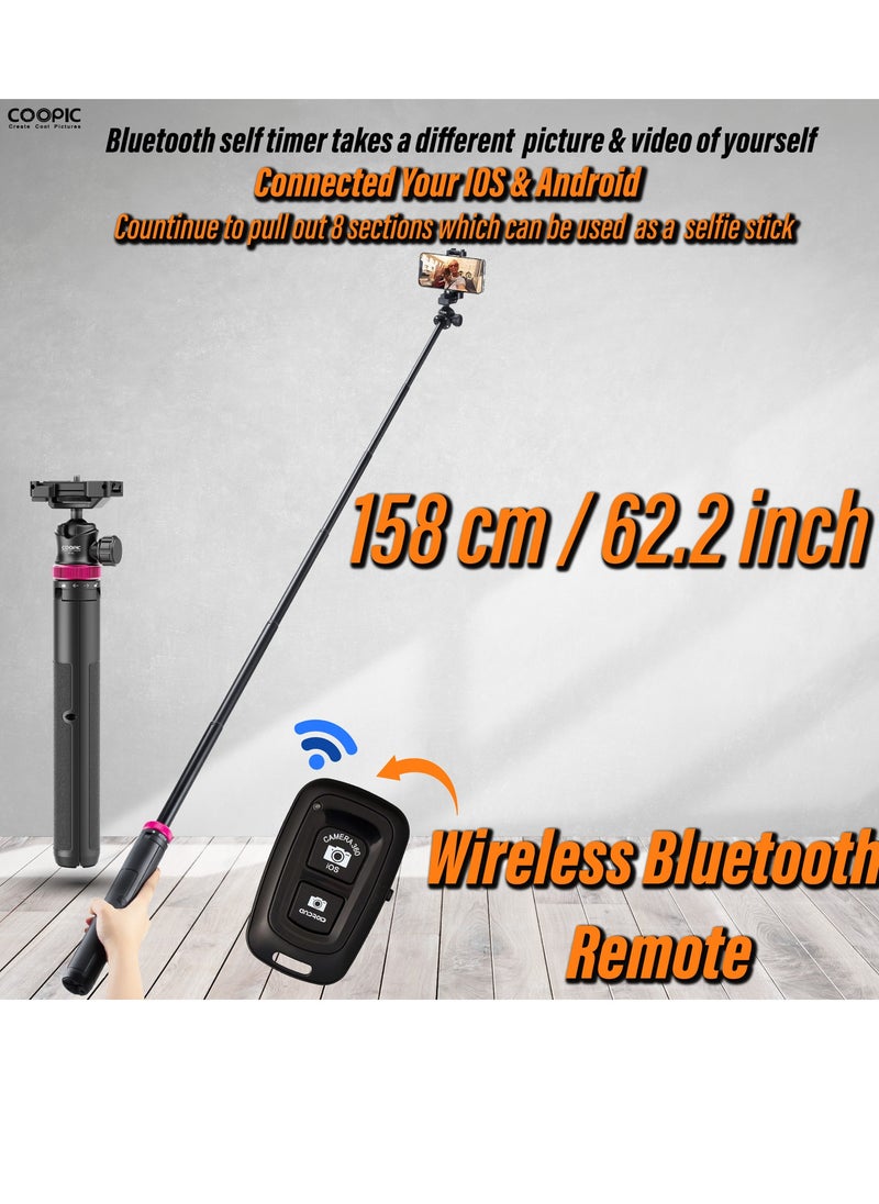 COOPIC MT-05 Extendable Mini Vlog Tripod Flexible Portable Selfie Stick with 360° Rotatable Ball Head and Remote, Compatible with Smartphone and Action Cameras