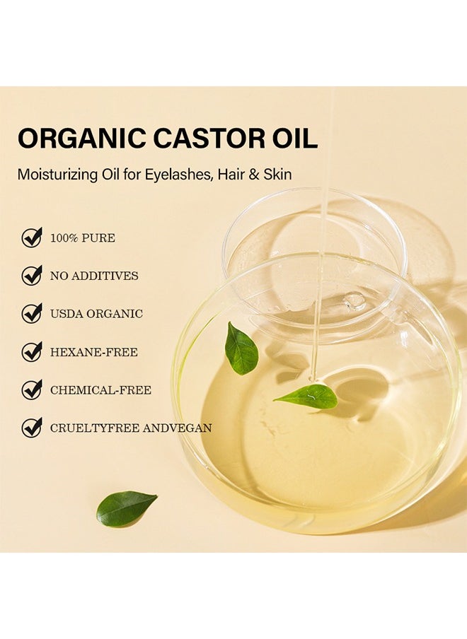 Castor Oil,Organic Castor Oil, USDA Certified Organic, 100% Pure, Cold Pressed, Hexane Free, Stimulates Eyelash, Eyebrow and Hair Growth, Skin Moisturizer and Degreaser - 60ml