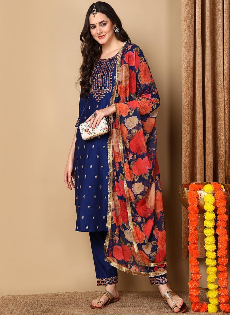 Navy Blue Silk Blend Embroidered Straight 3-Piece Kurta Set