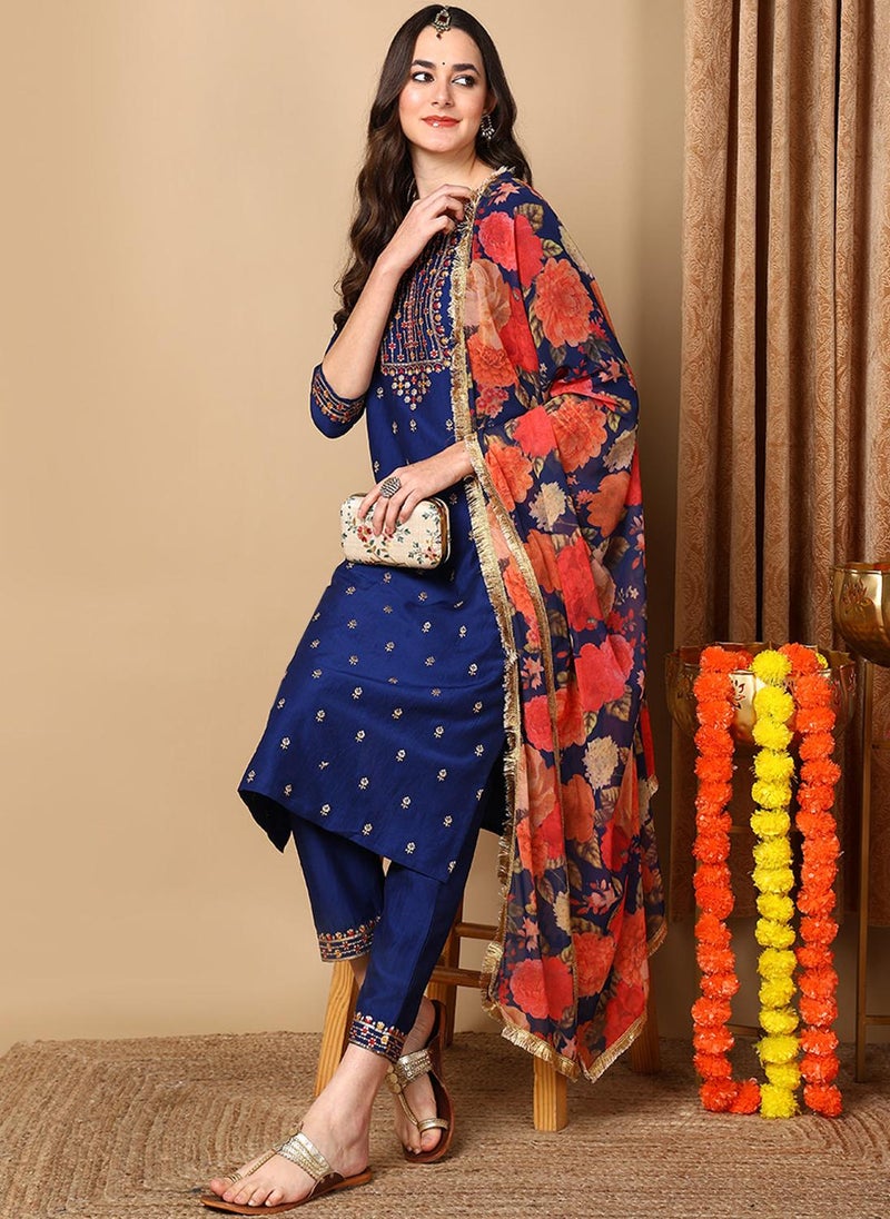 Navy Blue Silk Blend Embroidered Straight 3-Piece Kurta Set