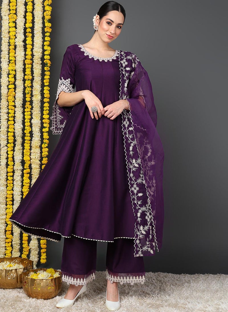 Purple Silk Blend Solid Embroidered Flared Kurta Set