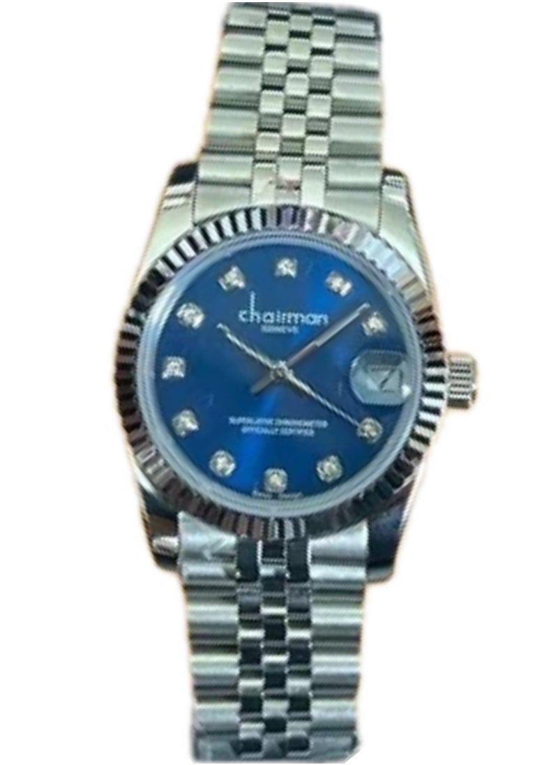 Chairman Geneve Ladies Watch, Stainless Steel Band, Blue Stone Dial, Date Display