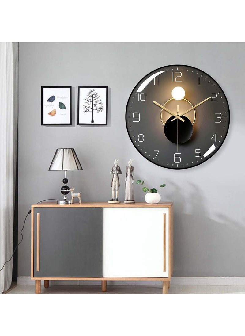 NBLE Wall Clock,12-inch Silent Round Classroom Clock, 3D Curved Glass Large Wall Clock,Battery Operated Decorative Wall Clocks, for Living Room Bedroom Office Wall Decoration-Black