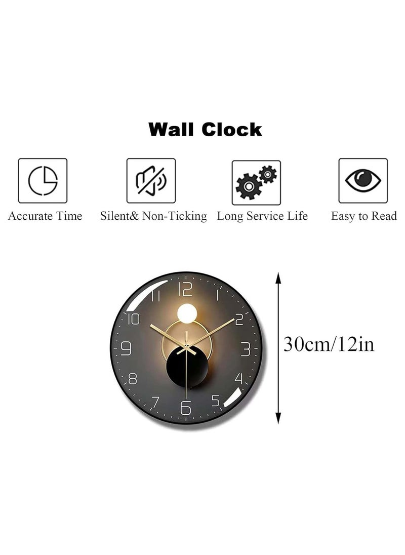 NBLE Wall Clock,12-inch Silent Round Classroom Clock, 3D Curved Glass Large Wall Clock,Battery Operated Decorative Wall Clocks, for Living Room Bedroom Office Wall Decoration-Black