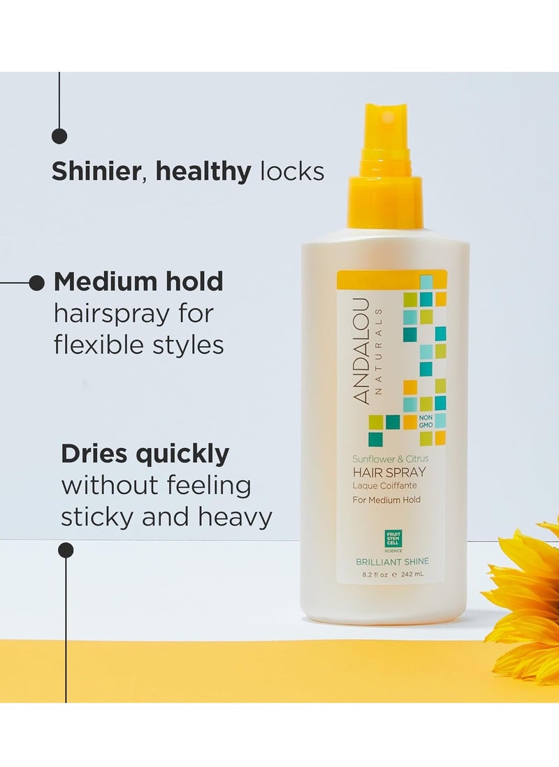 Andalou Naturals Brilliant Shine Hair Spray, Sunflower & Citrus, Styling and Hair Shine Spray with Medium hold, Tames Frizzy Hair & Flyaways, Quick Drying & Non-Sticky, Cruelty Free, 8.2 Fl Oz