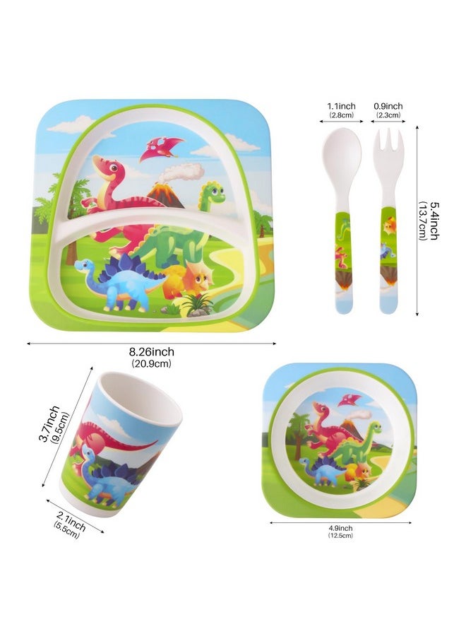 Melamine Toddler Dinnerware Set,5Pcs Baby Plates And Bowls,Melamine Kids Plates And Bowls Set,Kids Dishes Dinnerware Sets With Plate,Bowl,Cup,Fork And Spoon (Tyrannosaurus)