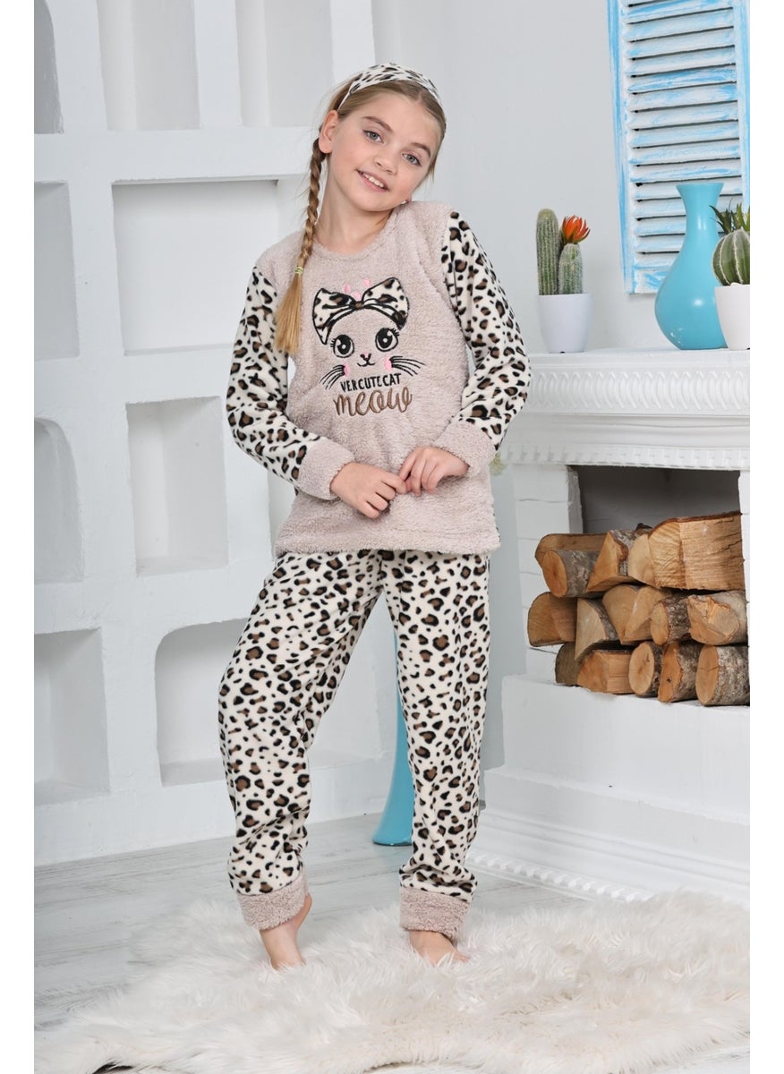 New Season Autumn/Winter Girls Leopard Patterned Polar Fleece Pajama Set 4103-CREAM Color