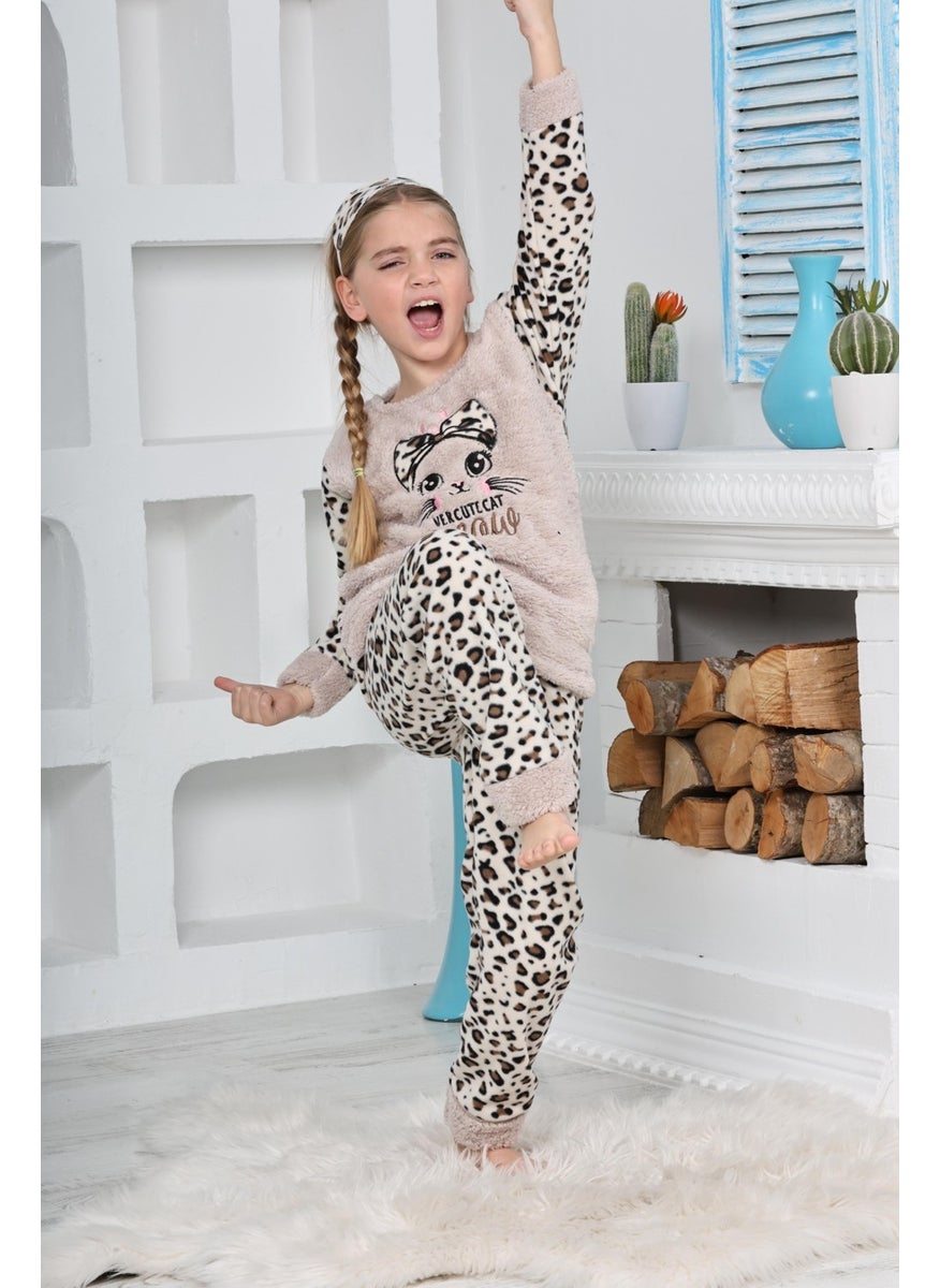 New Season Autumn/Winter Girls Leopard Patterned Polar Fleece Pajama Set 4103-CREAM Color