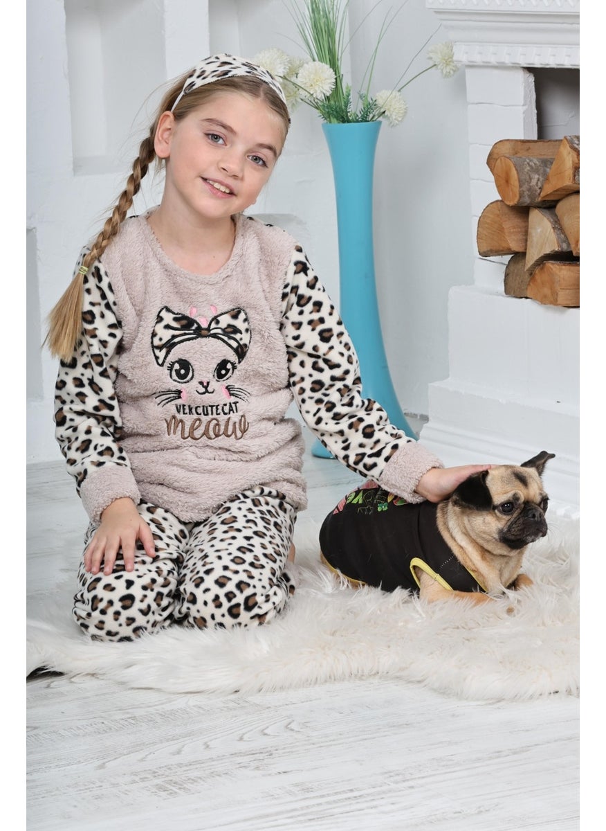 New Season Autumn/Winter Girls Leopard Patterned Polar Fleece Pajama Set 4103-CREAM Color