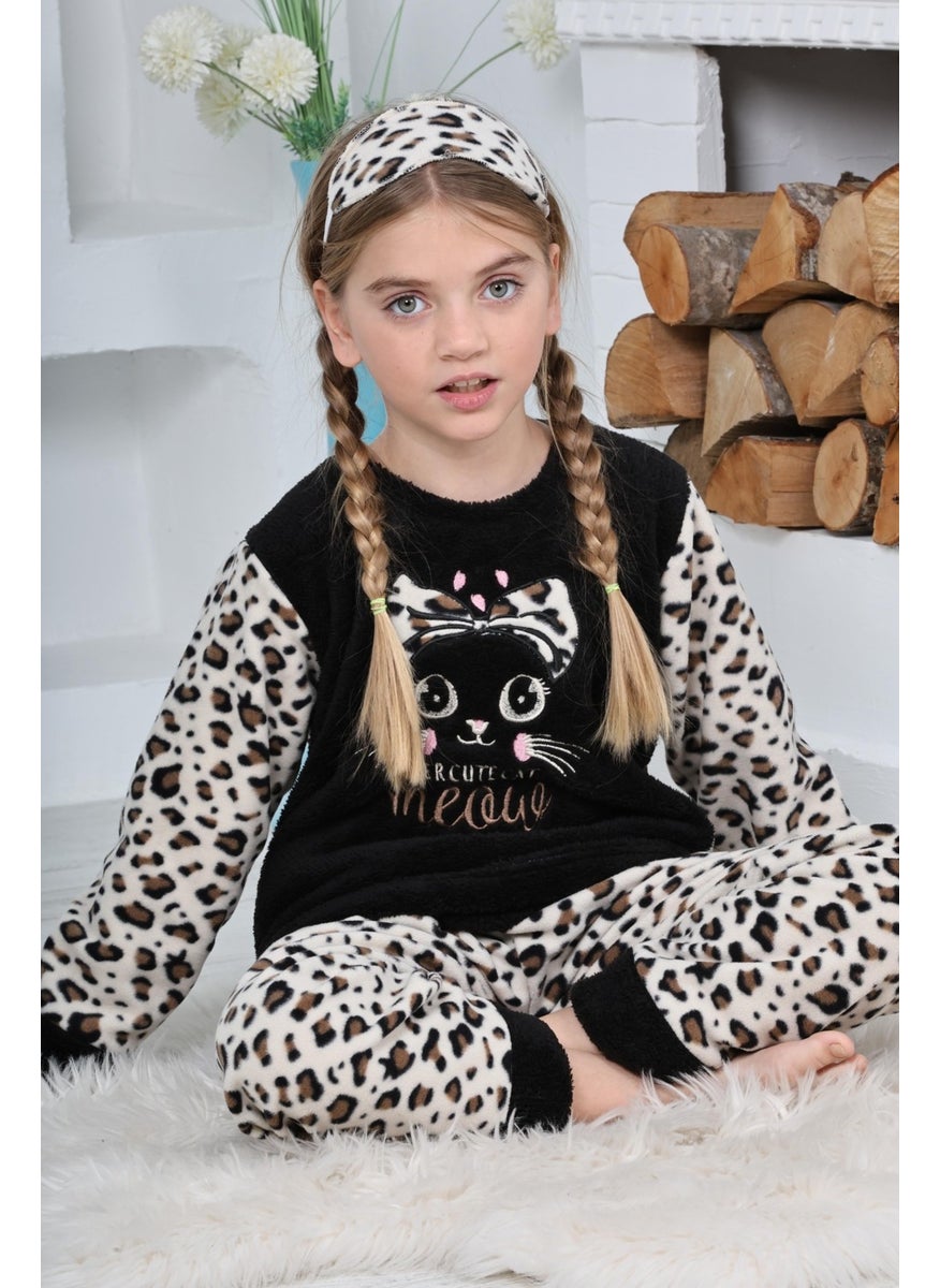 New Season Autumn/Winter Girls Leopard Patterned Polar Fleece Pajama Set 4103-BLACK