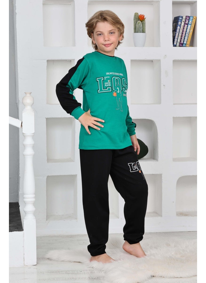 Boy Gez Garson Los Basketball Patterned Long Sleeve Cotton Interlock Pajama Set 5158-GREEN