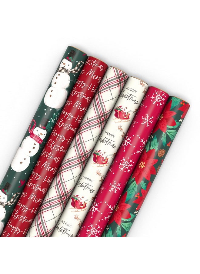 Hallmark Rustic Recyclable Christmas Wrapping Paper (6 Rolls: 180 Sq. Ft. Total) Red, White and Hunter Green Plaid, Poinsettias, Snowflakes, 