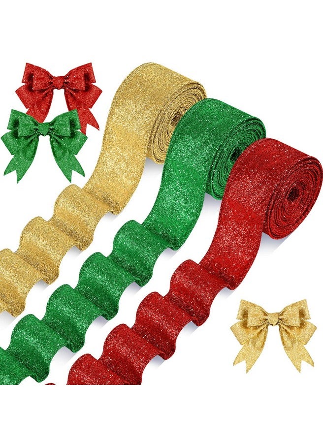 3 Roll 30 Yards Christmas Glitter Wired Ribbon Christmas Party Favors Decor Gift Wrapping Ribbon For Craft Headband Bow Decor(1.5 Inch,Red, Green, Gold)