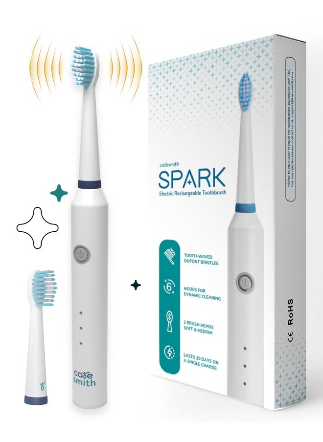 Spark Rechargeable Electric Toothbrush | 6 Operating Modes | 40000 Vibrations Per Minute | 2 Brush Heads (White)