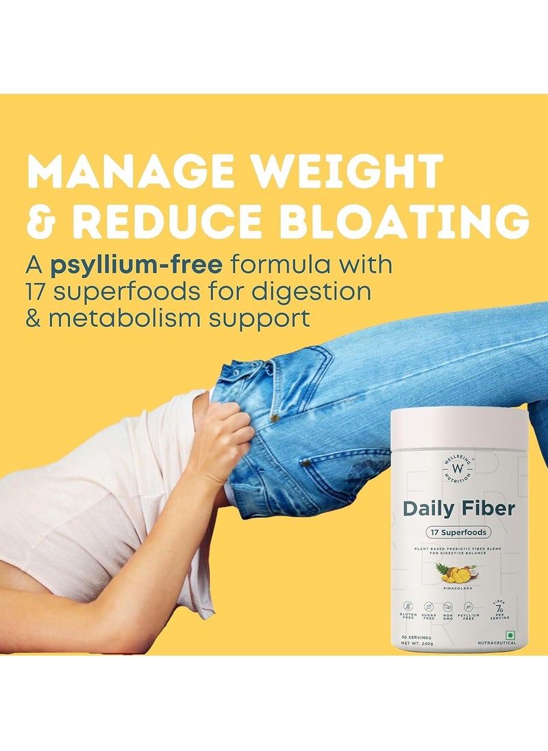 Wellbeing Nutrition Daily Fiber Powder | Weight Management, Manages Sugar Control, Bloating, Constipation & Acidity Relief | Organic Prebiotic Digestive Fiber Supplement | Pina Colada | 30 Servings