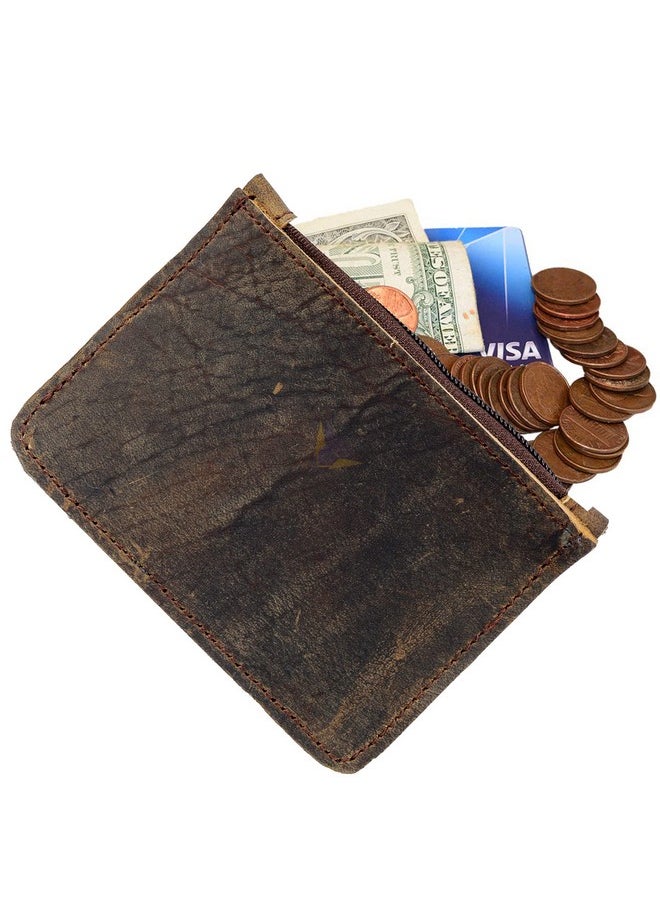 TUZECH Leather Zippered Wallet, Holds up to 6 Cards Plus Folded Bills & Coins, Money Organizer, Travel Pouch, Handmade (Brown, 9x12 cm)