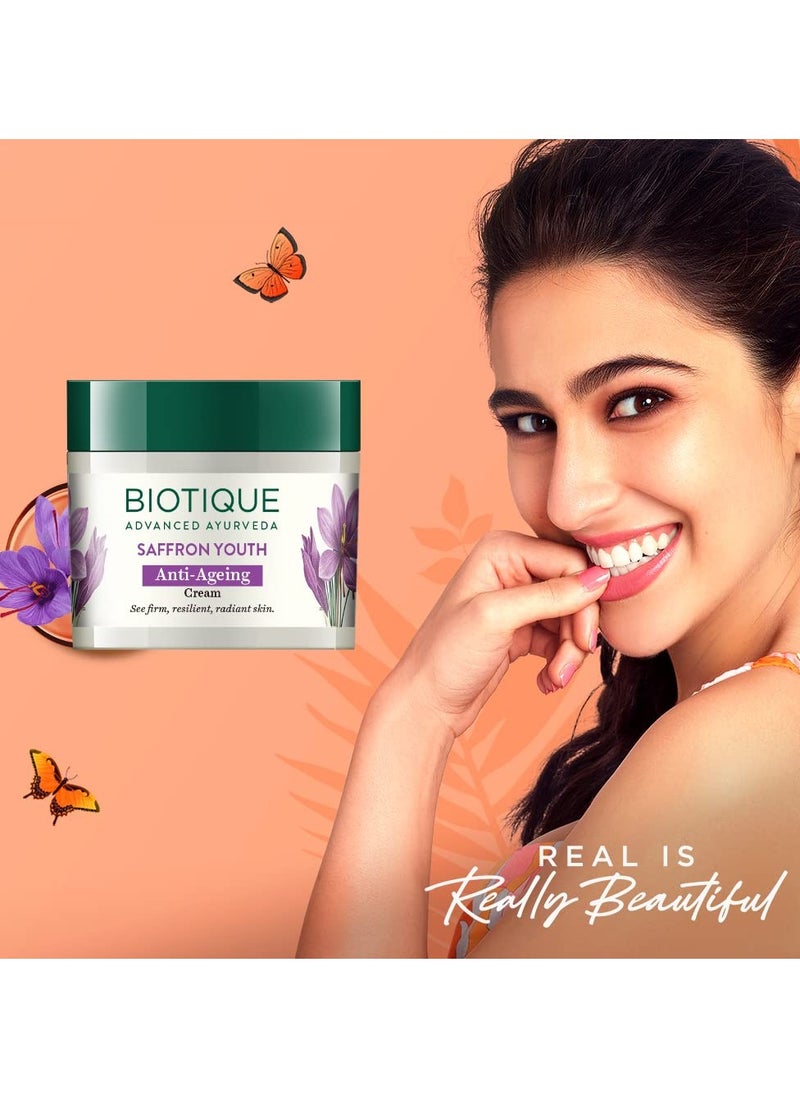 Biotique Saffron Dew Youthful Moisturizer Cream| Protects Skin Cells | Prevents Ageing And Retains Youthful Glow | 100% Botanical Extracts | Suitable For All Skin Types | 50Gm