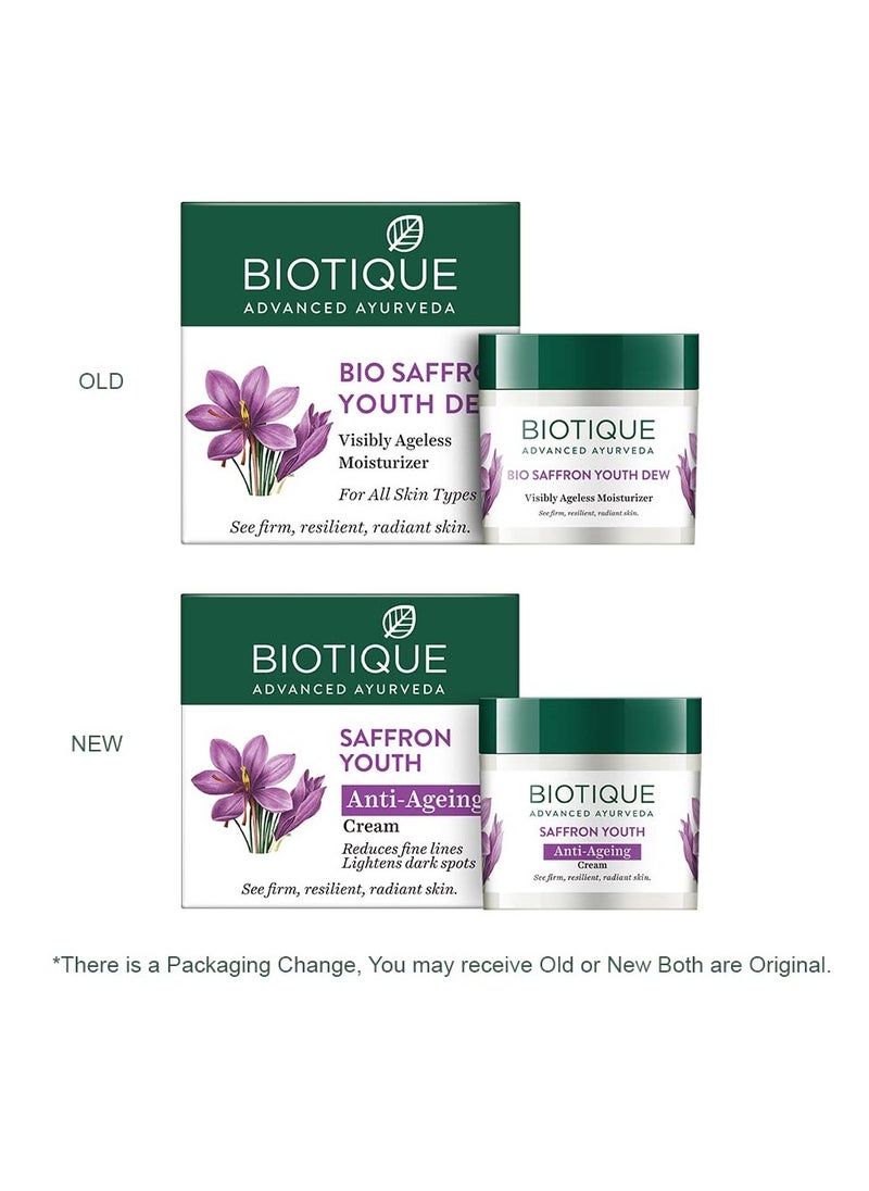 Biotique Saffron Dew Youthful Moisturizer Cream| Protects Skin Cells | Prevents Ageing And Retains Youthful Glow | 100% Botanical Extracts | Suitable For All Skin Types | 50Gm