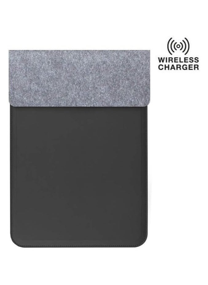 Laptop Sleeve with 15W Wireless Charging – 4-in-1 Leather Sleeve, Mousepad & Deskpad – Charging for Phones & Earbuds – Protects 13-14 Inch Laptops – Stylish & Functional - Black (Black)