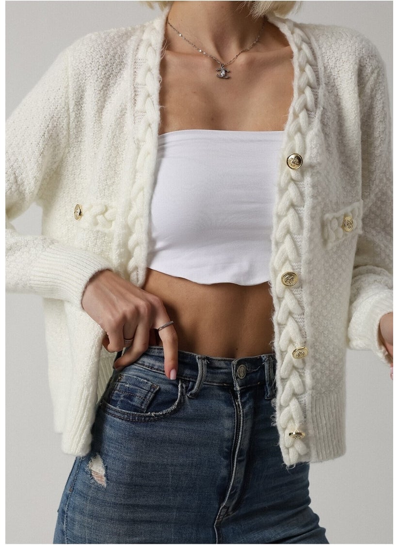 Silk Hair Knitted Ecru Gold Buttoned Cardigan