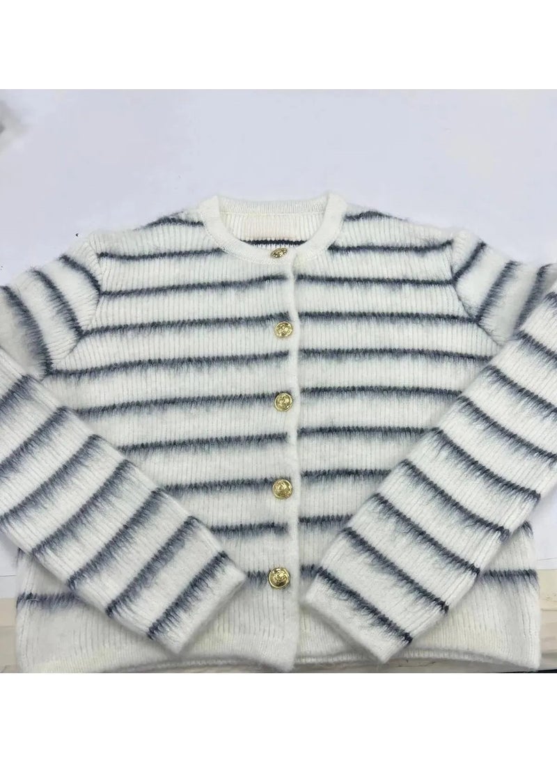 Women's Crew Neck Black Striped and Furry Gold Buttoned Knitwear Cardigan