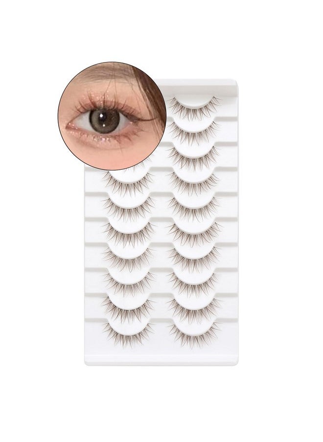 10 Pairs Brown Lashes Clear Band Brown Manga Lashes Japanese Anime Cosplay Brown Eyelashes Asian False Eyelashes Natural Look Like Individual Clusters(A03-Brown Natural Lashes 8-11Mm)