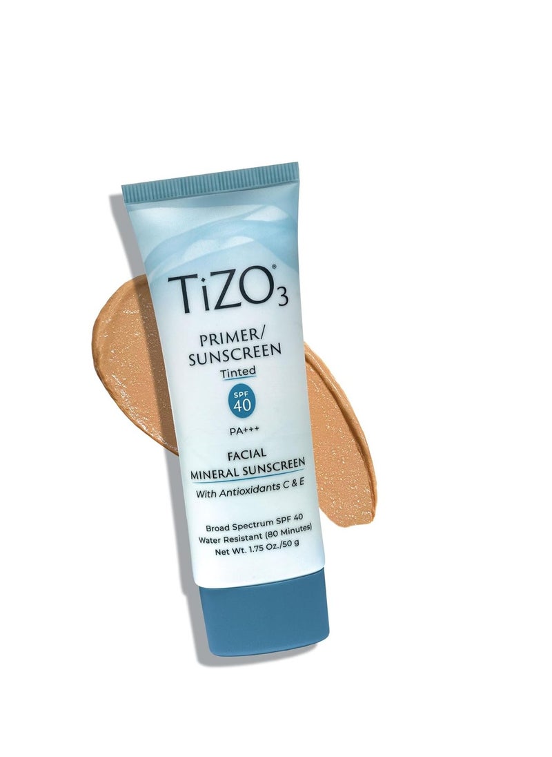 TiZO3 Facial Mineral Sunscreen and Primer, Tinted Broad Spectrum SPF 40 with Antioxidants, Sheer matte finish, Fragrance-Free, Oil-Free, Dermatologist-recommended, PA+++ 1.75 oz