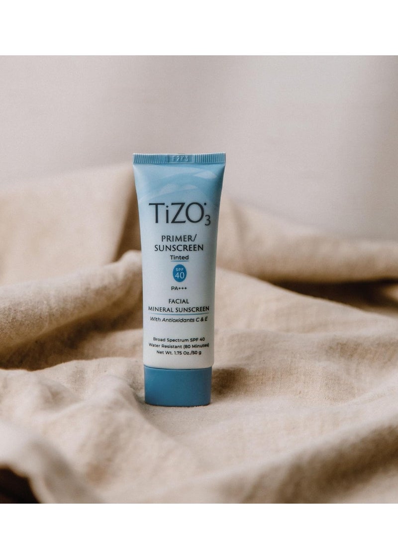 TiZO3 Facial Mineral Sunscreen and Primer, Tinted Broad Spectrum SPF 40 with Antioxidants, Sheer matte finish, Fragrance-Free, Oil-Free, Dermatologist-recommended, PA+++ 1.75 oz