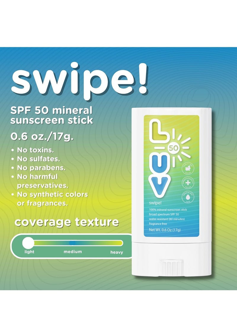 Swipe! SPF 50 Mineral Sunscreen Stick, Broad-Spectrum Protection Against UVA & UVB Rays, Perfect For Everyday Activities & Outdoor Adventures, Clear and Lightweight Sun Protection