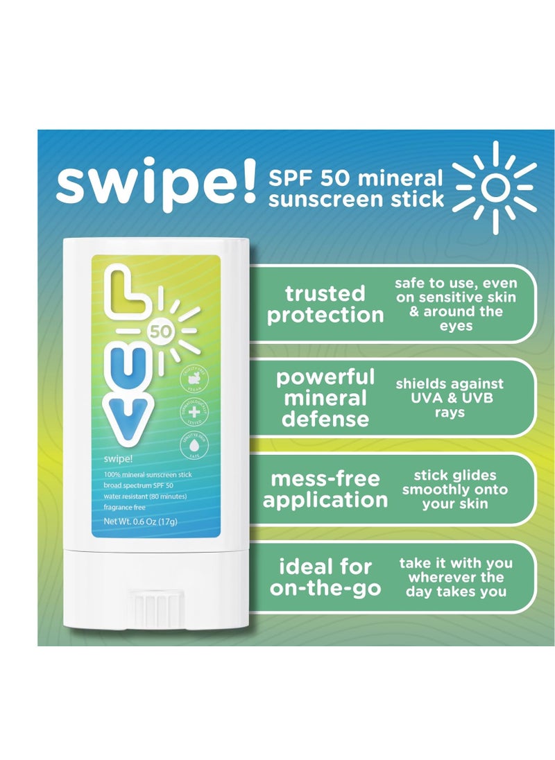 Swipe! SPF 50 Mineral Sunscreen Stick, Broad-Spectrum Protection Against UVA & UVB Rays, Perfect For Everyday Activities & Outdoor Adventures, Clear and Lightweight Sun Protection