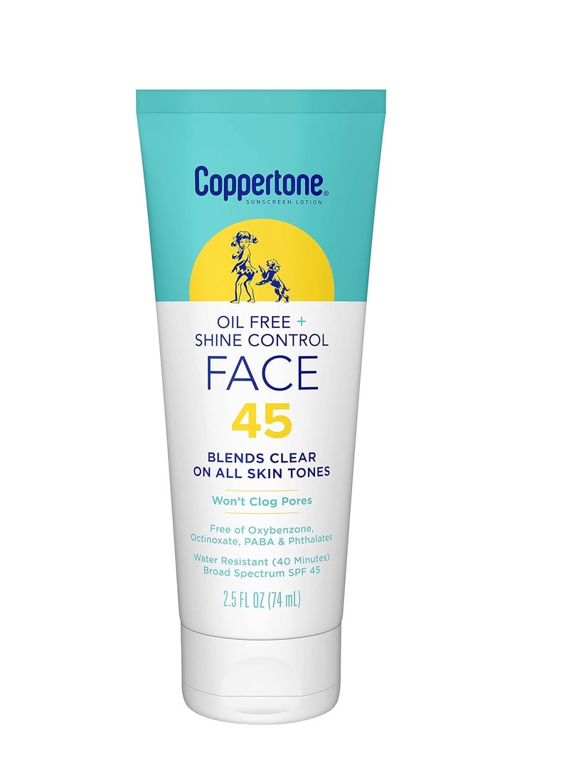 Coppertone Oil Free + Shine Control Sunscreen Face Lotion SPF 45, Lightweight Sunscreen for All Skin Tones, Won't Clog Pores, Fragrance Free, 2.5 Fl Oz Tube