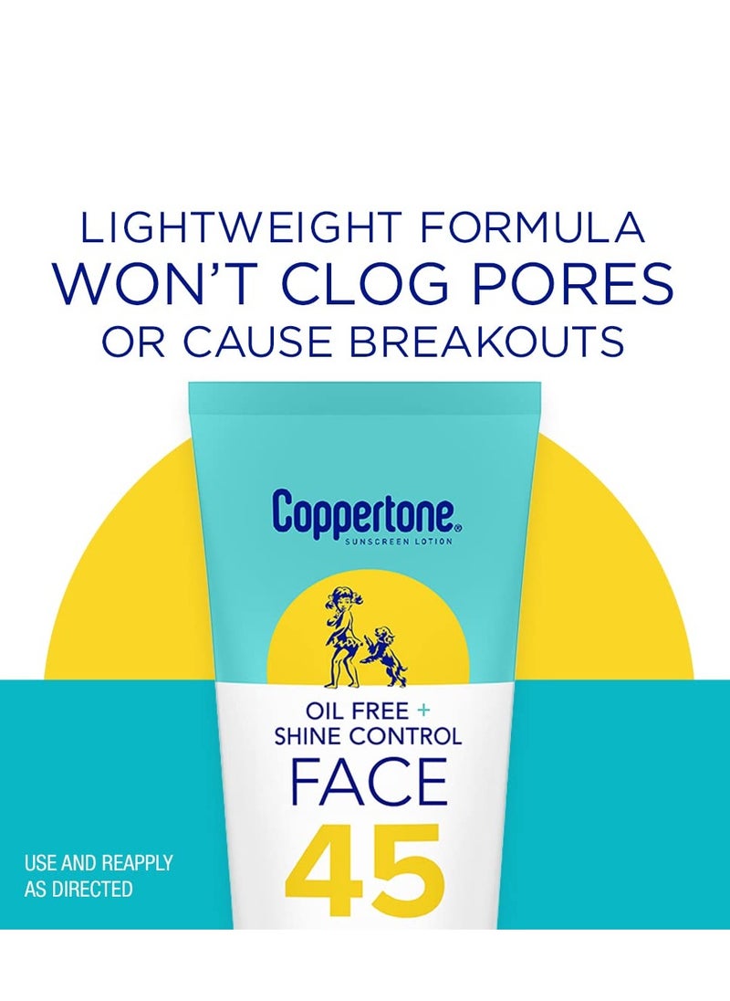 Coppertone Oil Free + Shine Control Sunscreen Face Lotion SPF 45, Lightweight Sunscreen for All Skin Tones, Won't Clog Pores, Fragrance Free, 2.5 Fl Oz Tube