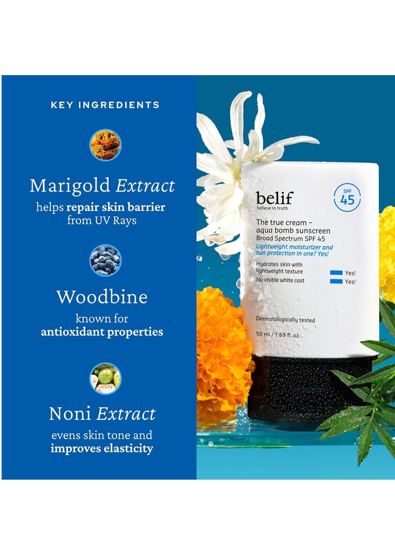 belif Aqua Bomb SPF 45 Hydrating Niacinamide Sunscreen (1.69 fl. oz) - The True Cream PA++++, Daily Broad Spectrum, No White Cast, Weightless & Invisible, Non-Greasy, Korean Skincare