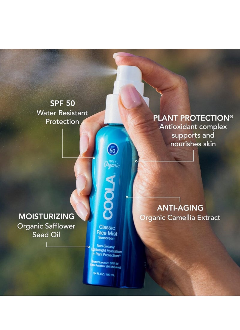 COOLA Organic Sunscreen SPF 50 Sunblock Face Mist, Dermatologist Tested Skin Care for Daily Protection, Vegan and Gluten Free, Natural Fragrance, 3.4 Fl Oz