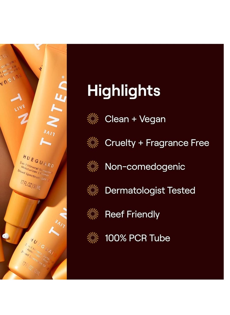 Live Tinted Hueguard® 3-in-1 Mineral Sunscreen, Moisturizer, & Primer for Face and Body - Hydrate and Protect the Skin Year Round - SPF 30 to Protect Against UVA/UVB Rays, 1.7 Fl Oz